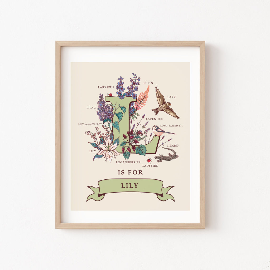 L- Personalised Letter L Print, Initial L Wall Art, Nature Guide Monogram Illustration