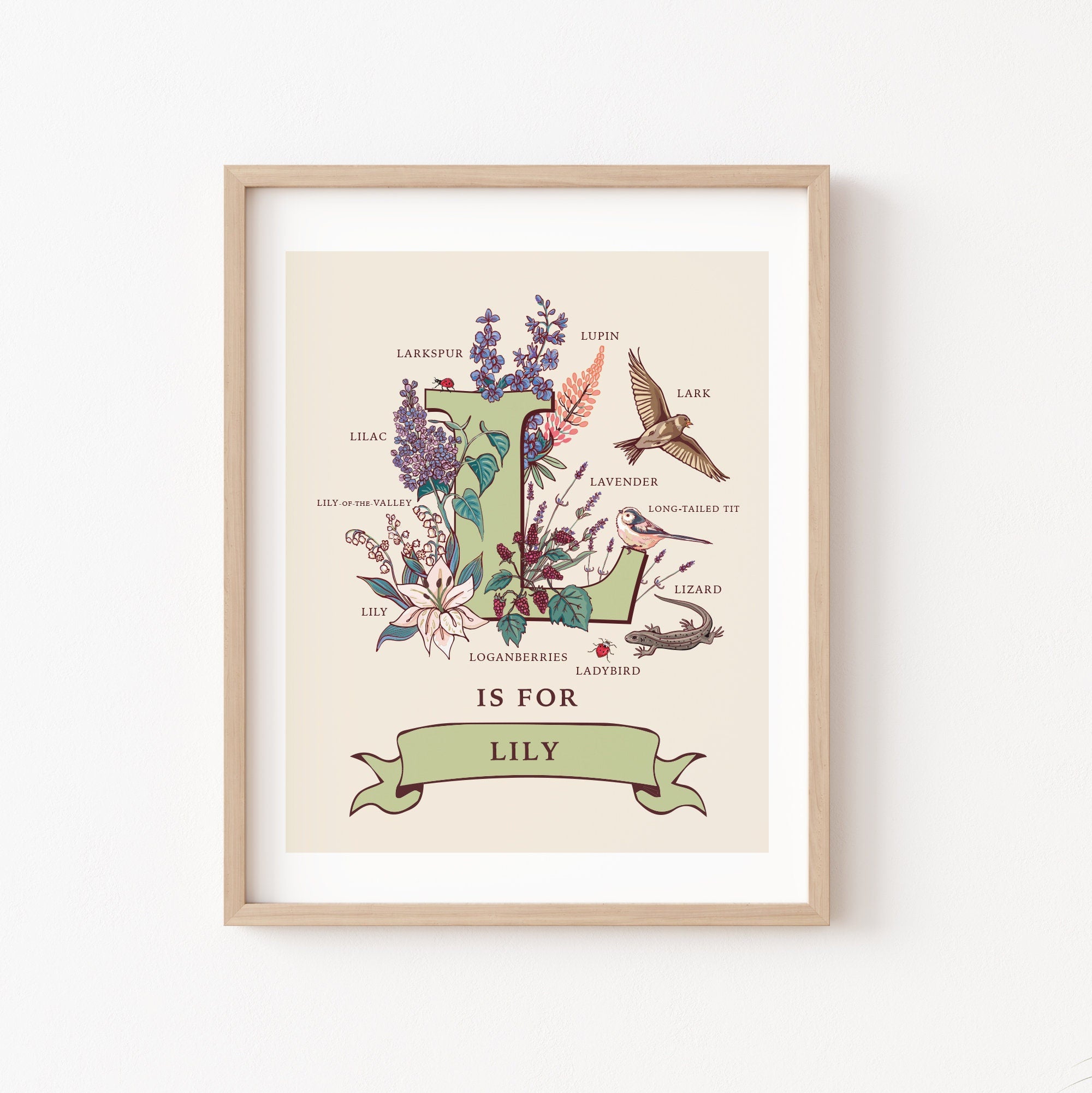 L- Personalised Letter L Print, Initial L Wall Art, Nature Guide Monogram Illustration