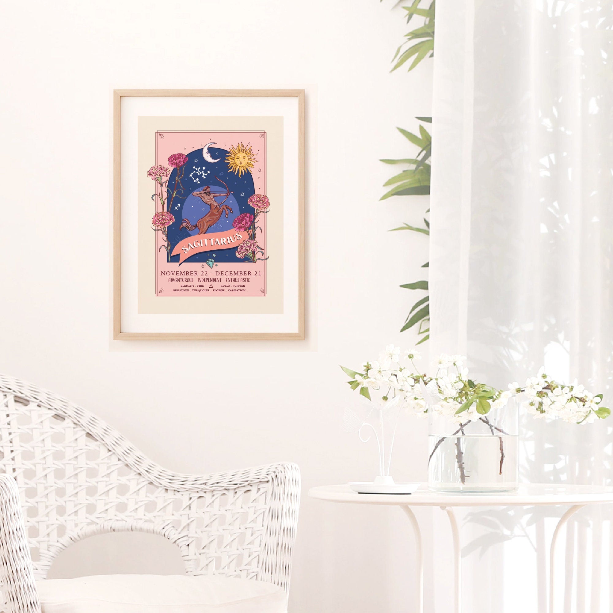 Sagittarius Wall Art Print, Zodiac Sign and Flowers Illustration Print