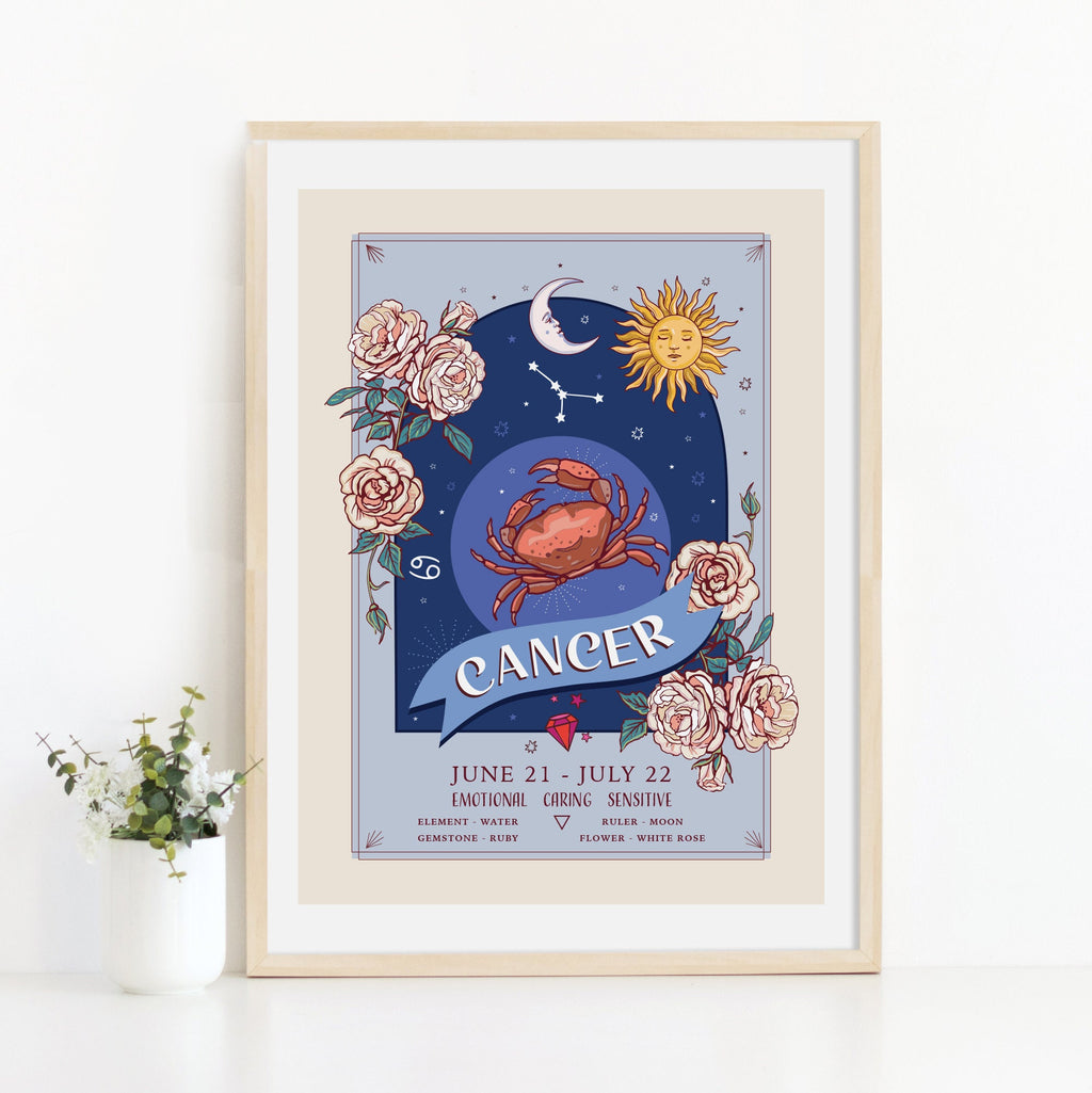Cancer Wall Art Print, Zodiac Sign and Flowers Illustration Print