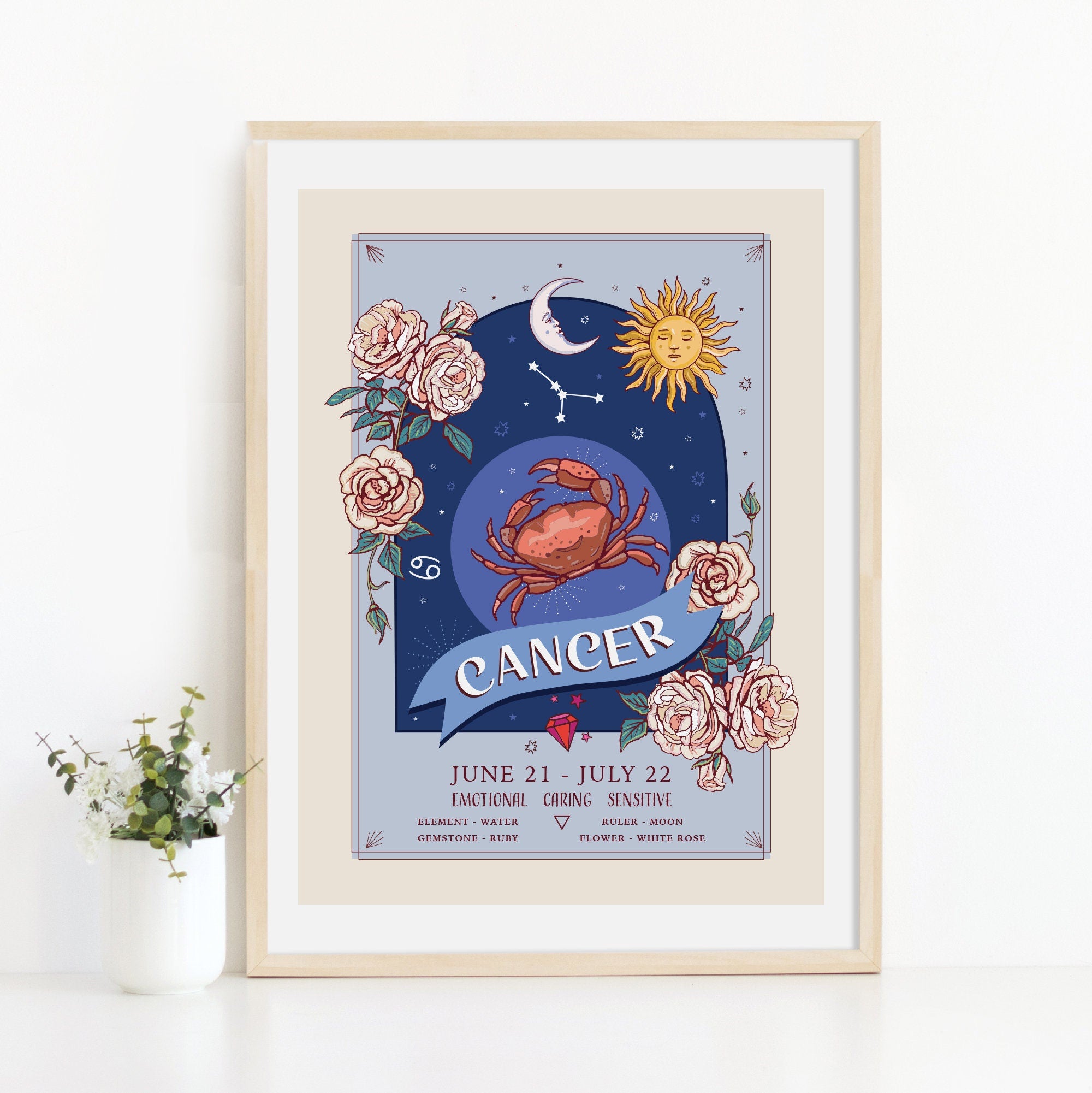 Cancer Wall Art Print, Zodiac Sign and Flowers Illustration Print