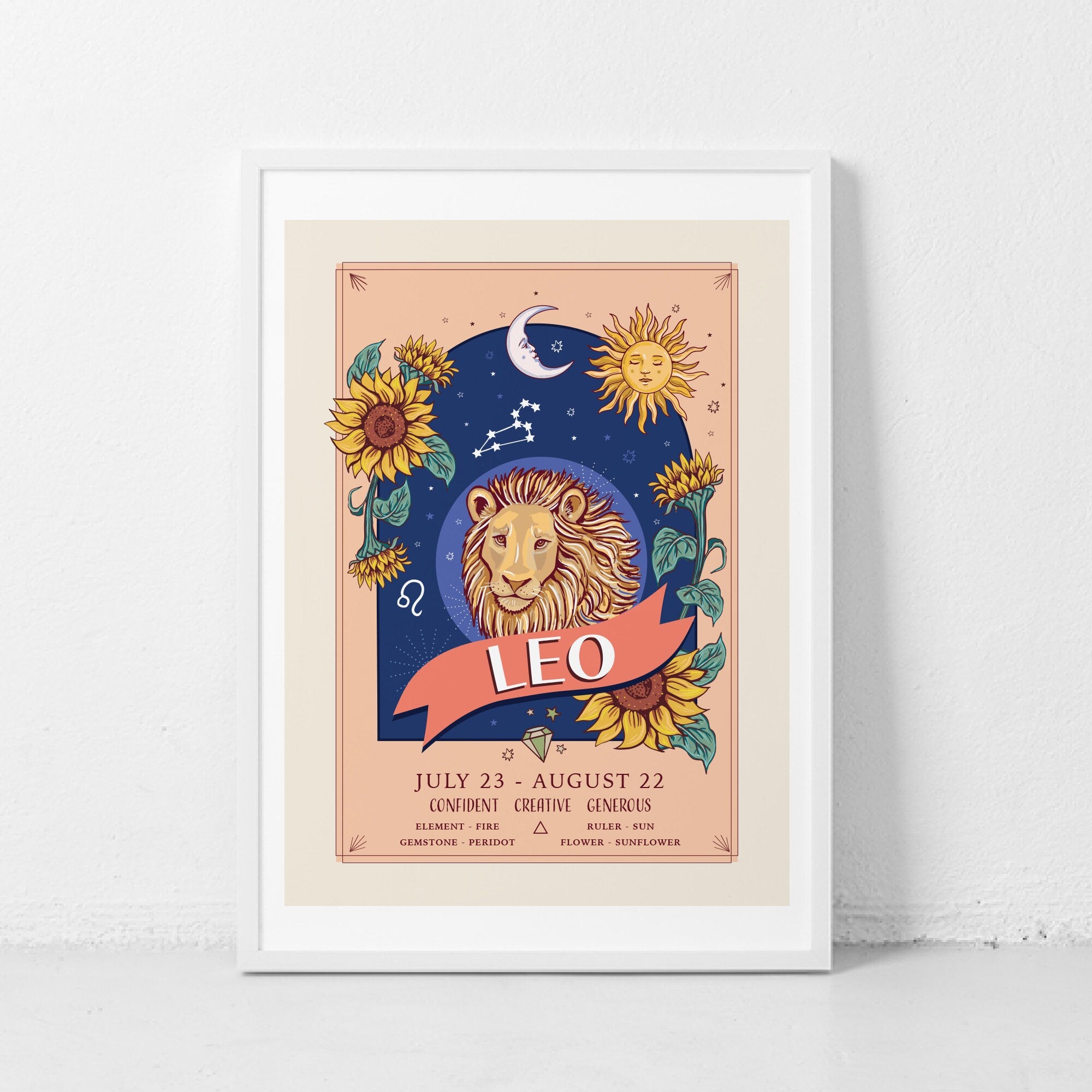Leo Wall Art Print, Zodiac Sign and Flowers Illustration Print