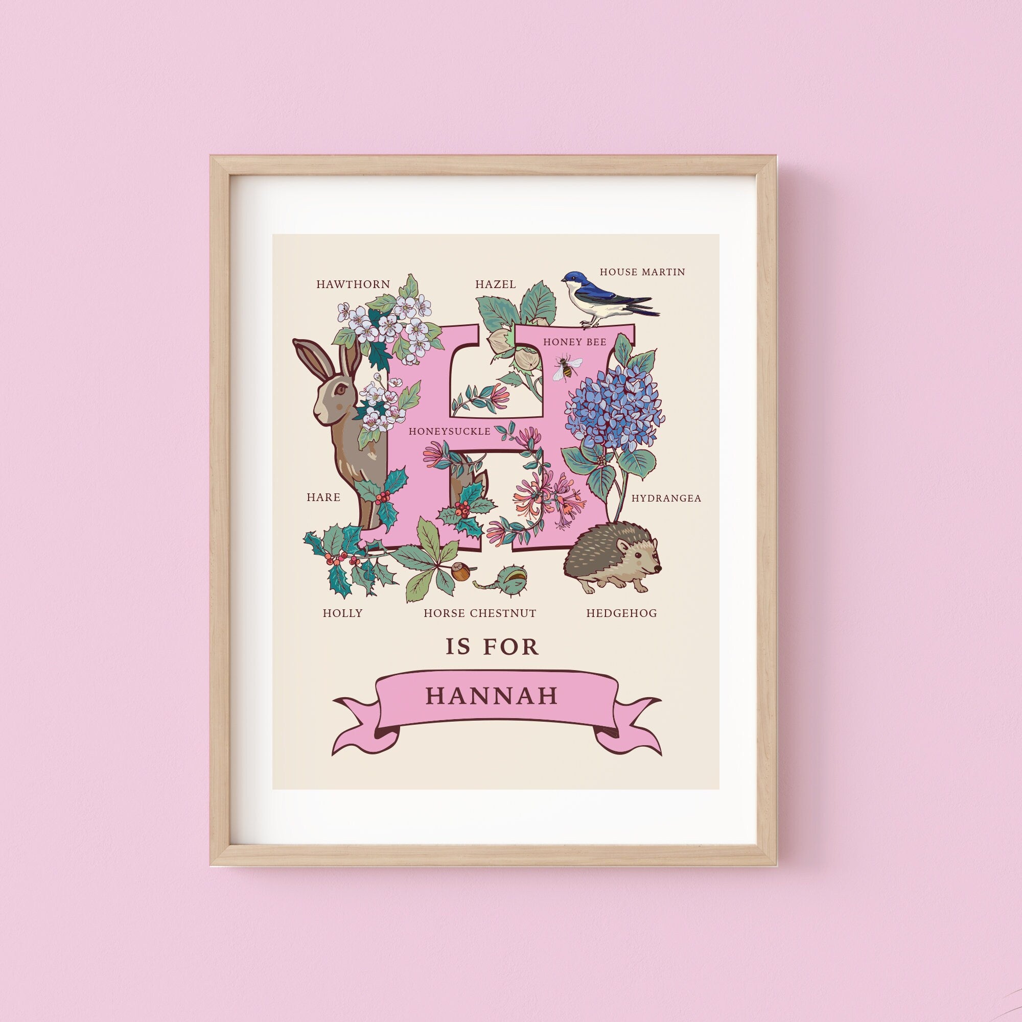 H - Personalised Letter H Print, Initial H Wall Art, Nature Guide Monogram Illustration