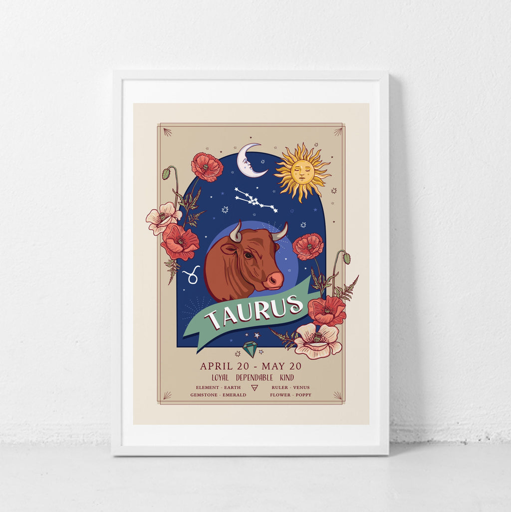 Taurus Wall Art Print, Zodiac Sign and Flowers Illustration Print