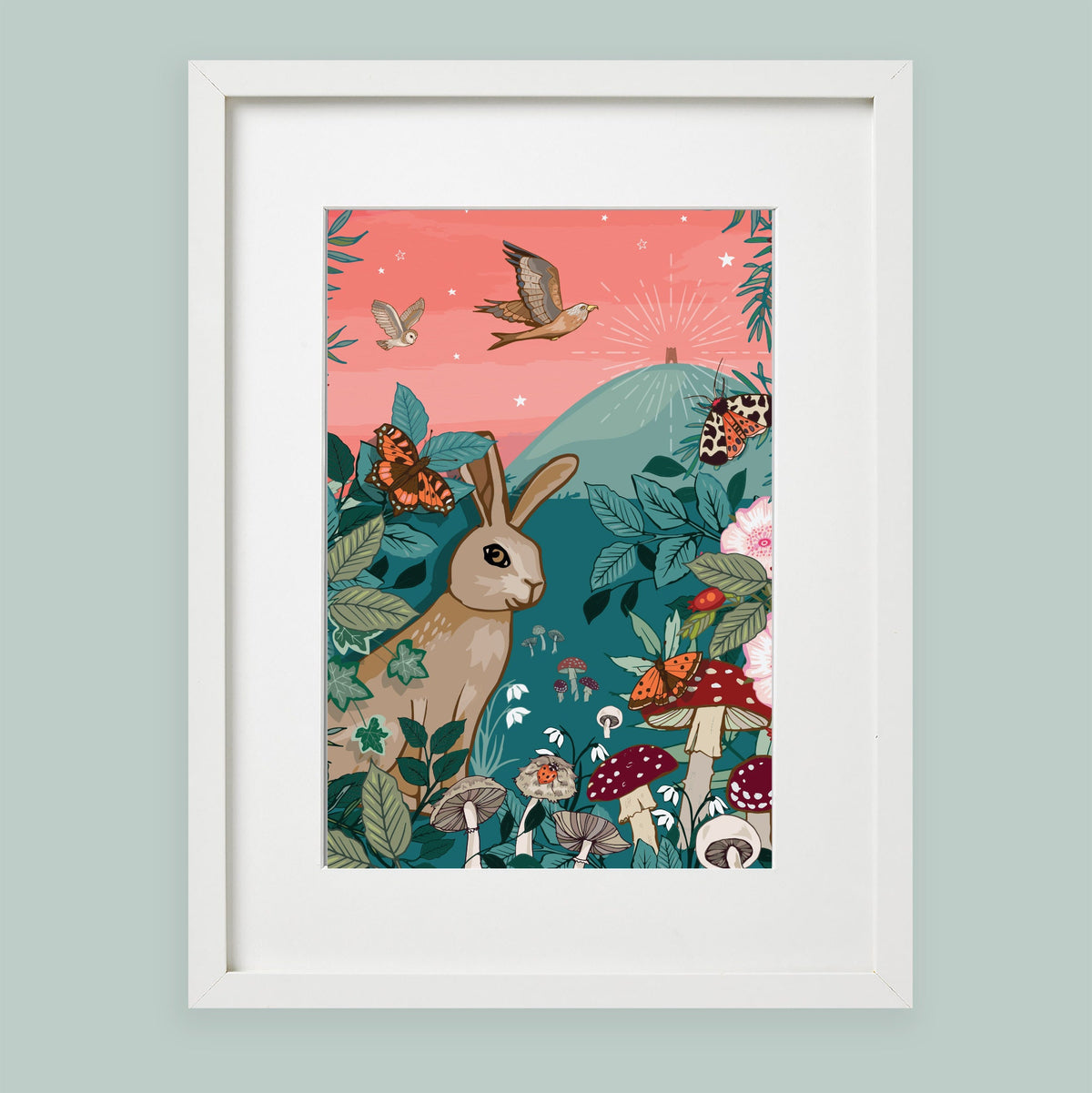 Hare and Glastonbury Tor Art Print: Woodland Wildlife Illustration