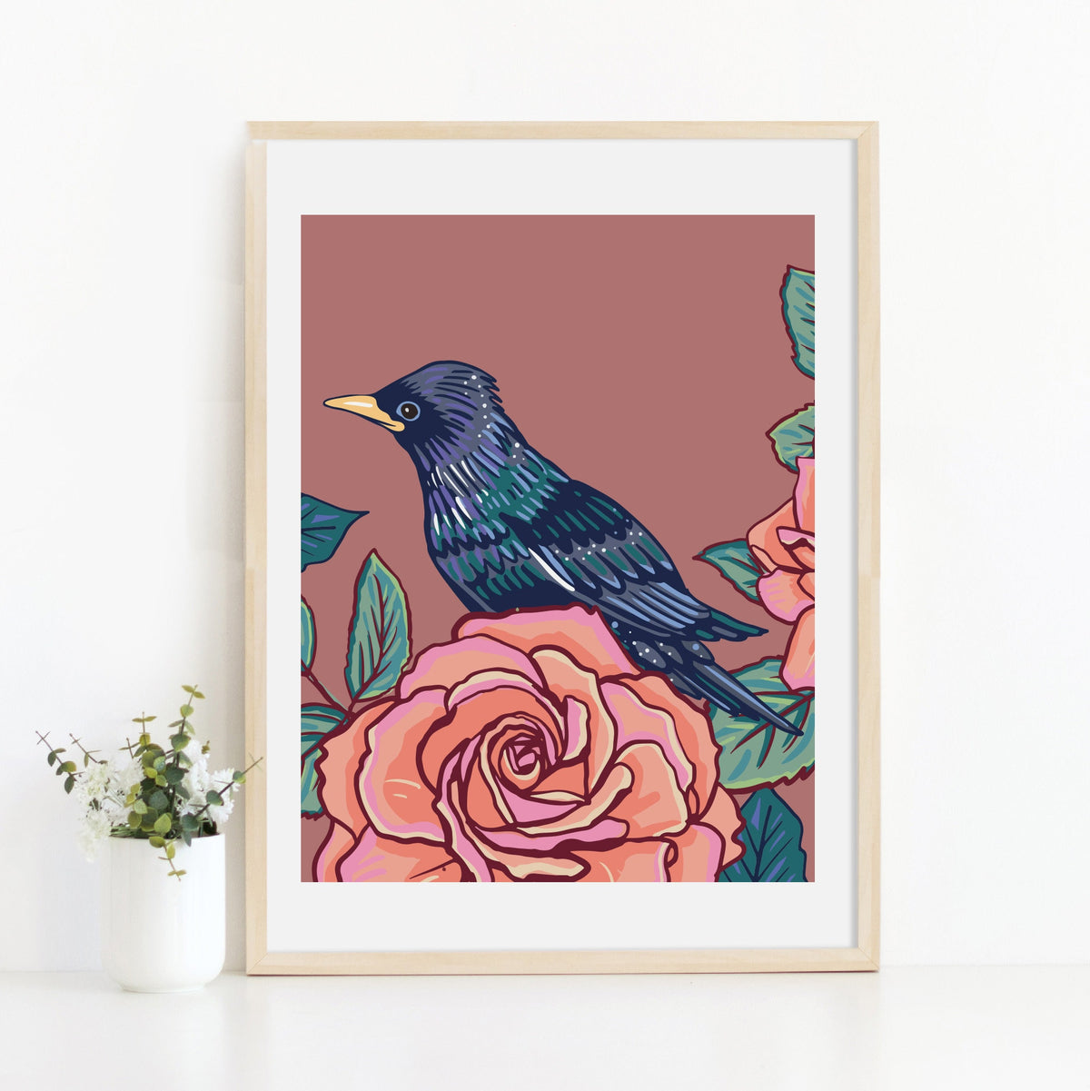 Starling and Peach Roses Wall Art Print