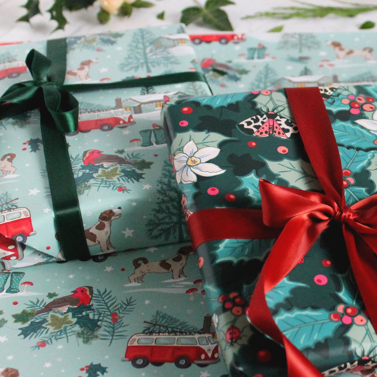 Holly Christmas Wrapping Paper pack of 2 Sheets with Tags