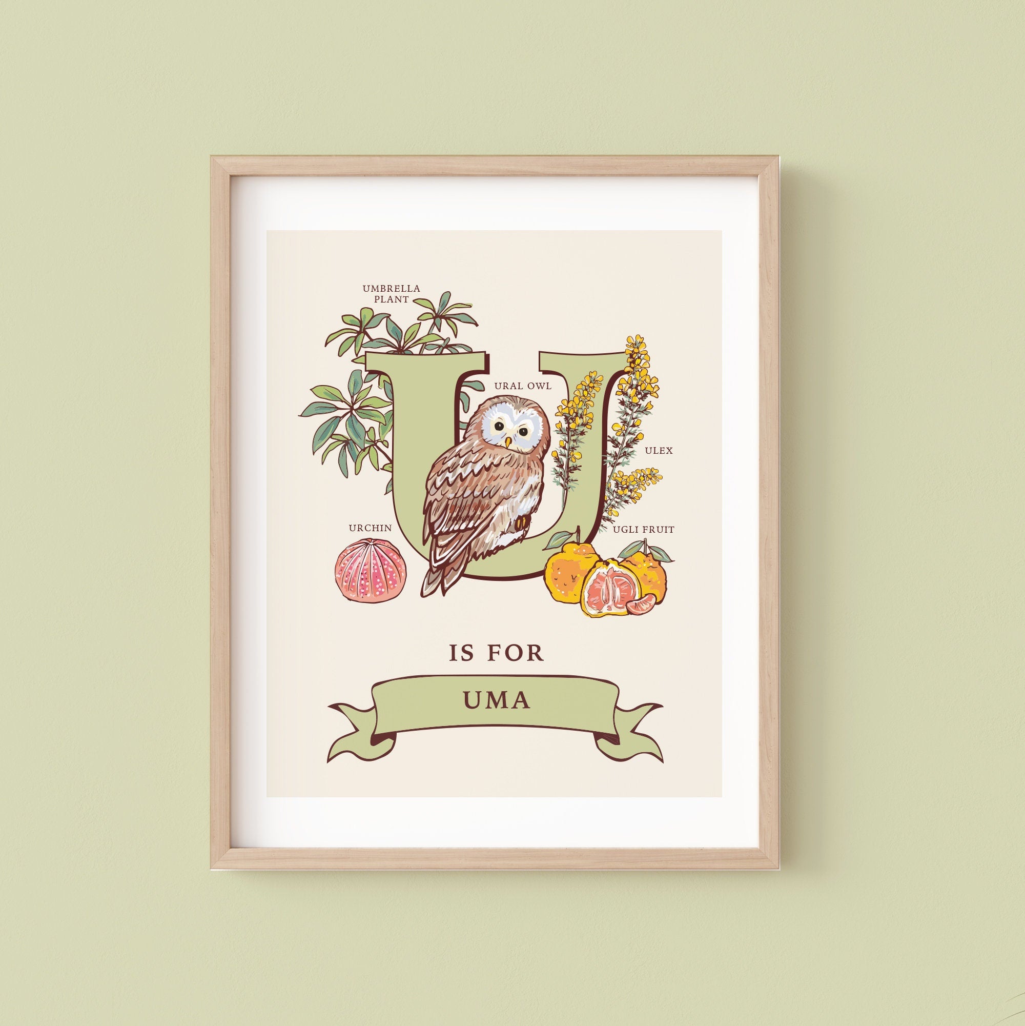 U - Personalised Letter U Print, Initial U Wall Art, Nature Guide Monogram Illustration