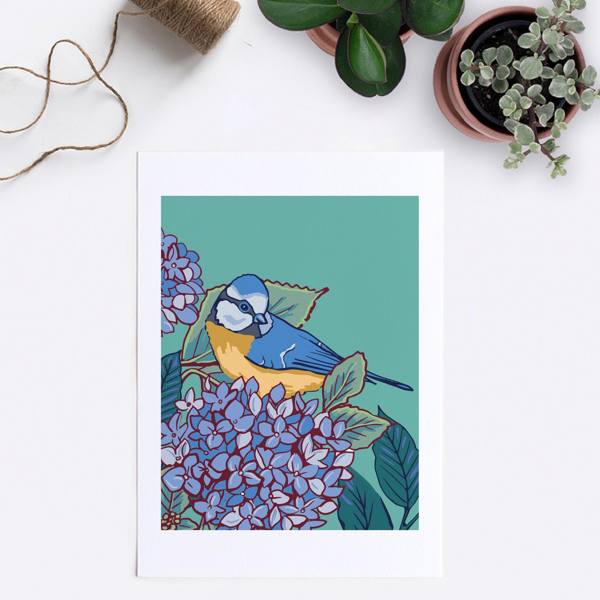 Blue Tit and Hydrangea Wall Art Print