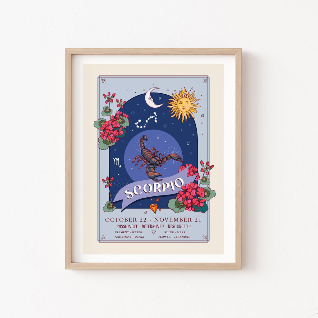 Scorpio Wall Art Print, Zodiac Sign and Flowers Illustration Print