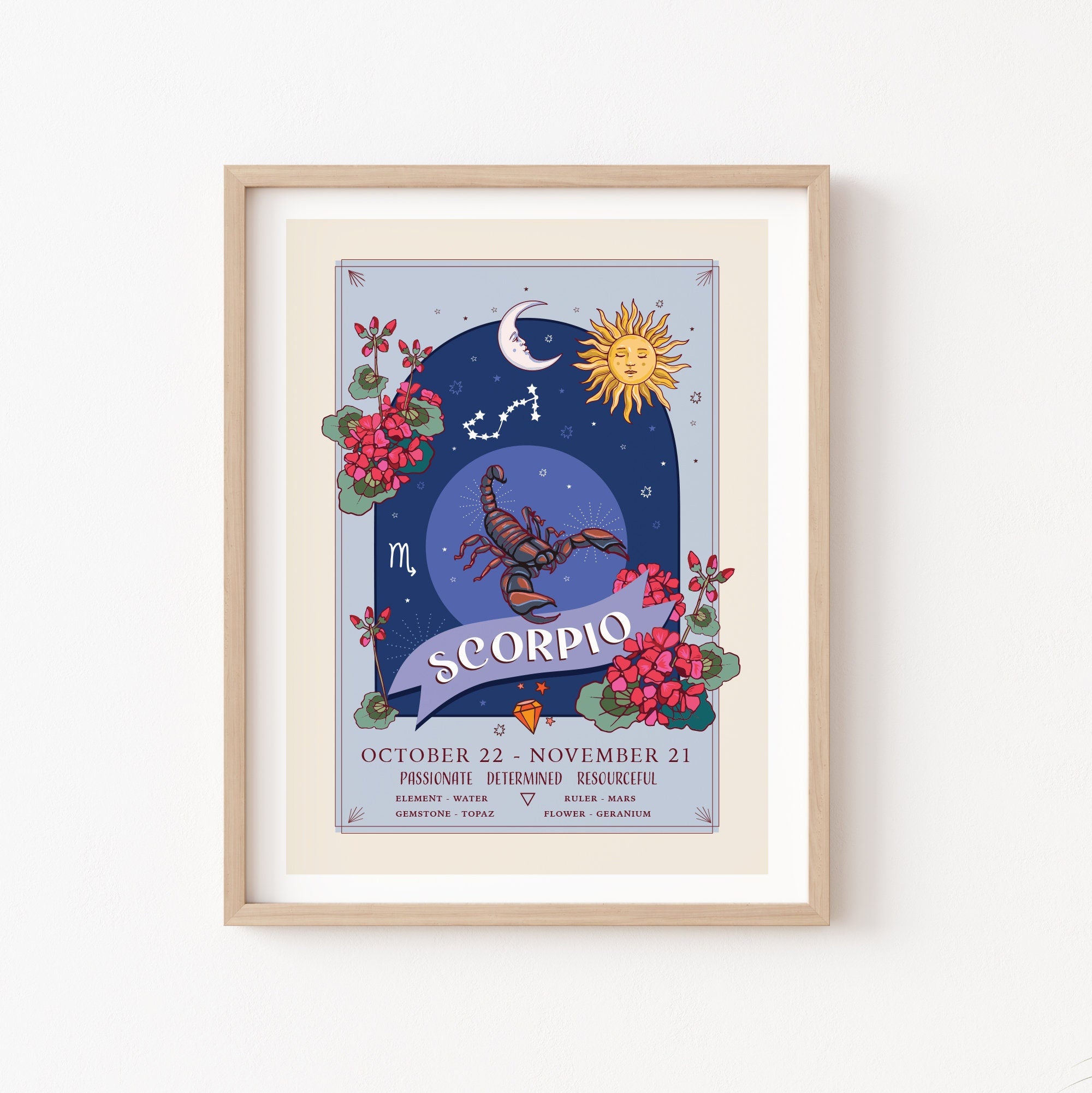 Scorpio Wall Art Print, Zodiac Sign and Flowers Illustration Print