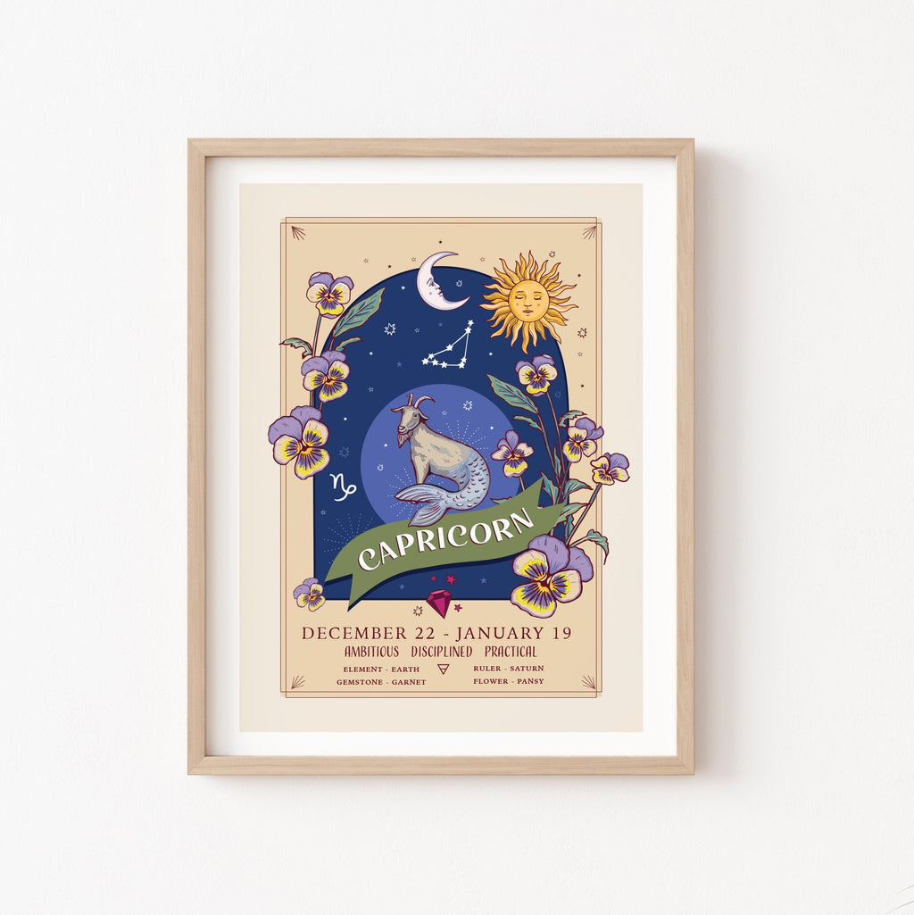 Capricorn Wall Art Print, Zodiac Sign and Flowers Illustration Print