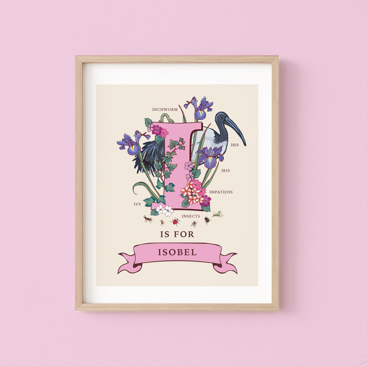 I - Personalised Letter I Print, Initial I Wall Art, Nature Guide Monogram Illustration
