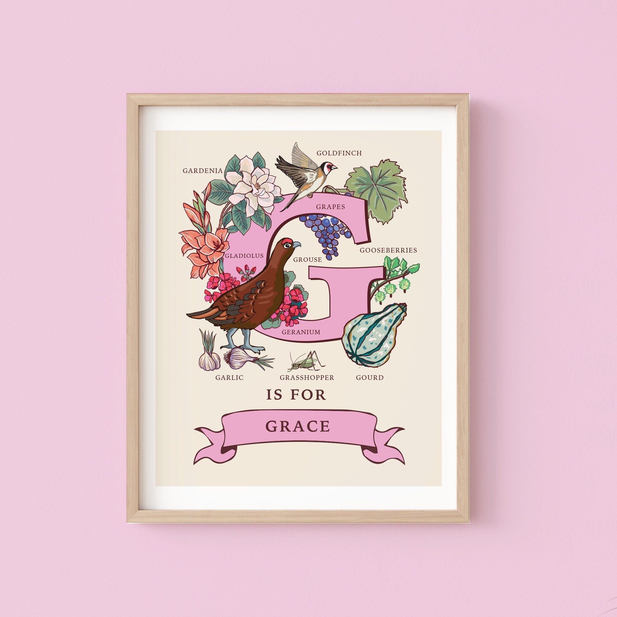 G - Personalised Letter G Print, Initial G Wall Art, Nature Guide Monogram Illustration