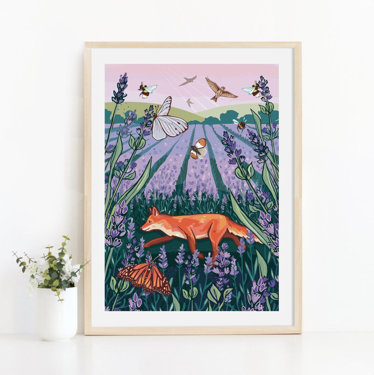 Fox in a Lavender Field Hand-Drawn Wall Art Print