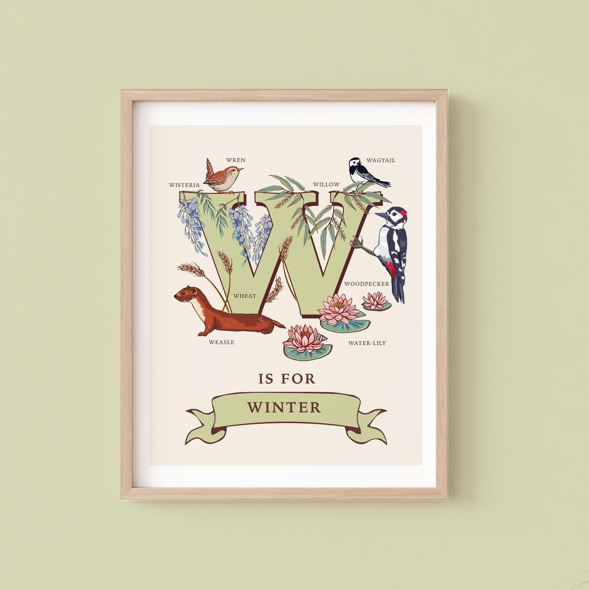 W - Personalised Letter W Print, Initial W Wall Art, Nature Guide Monogram Illustration