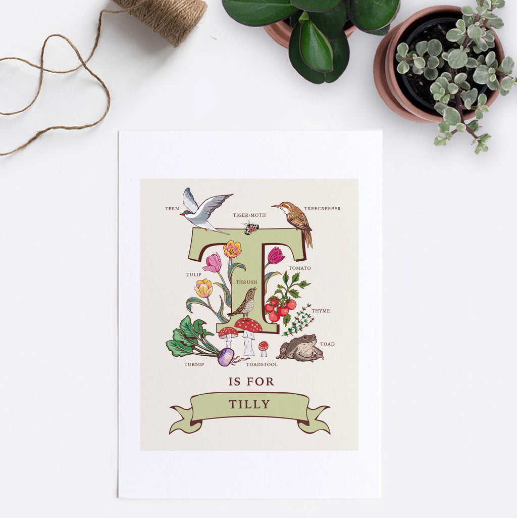 T - Personalised Letter T Print, Initial T Wall Art, Nature Guide Monogram Illustration