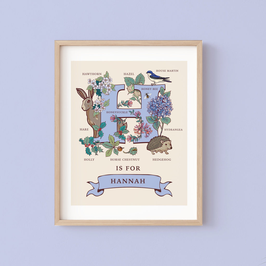 H - Personalised Letter H Print, Initial H Wall Art, Nature Guide Monogram Illustration
