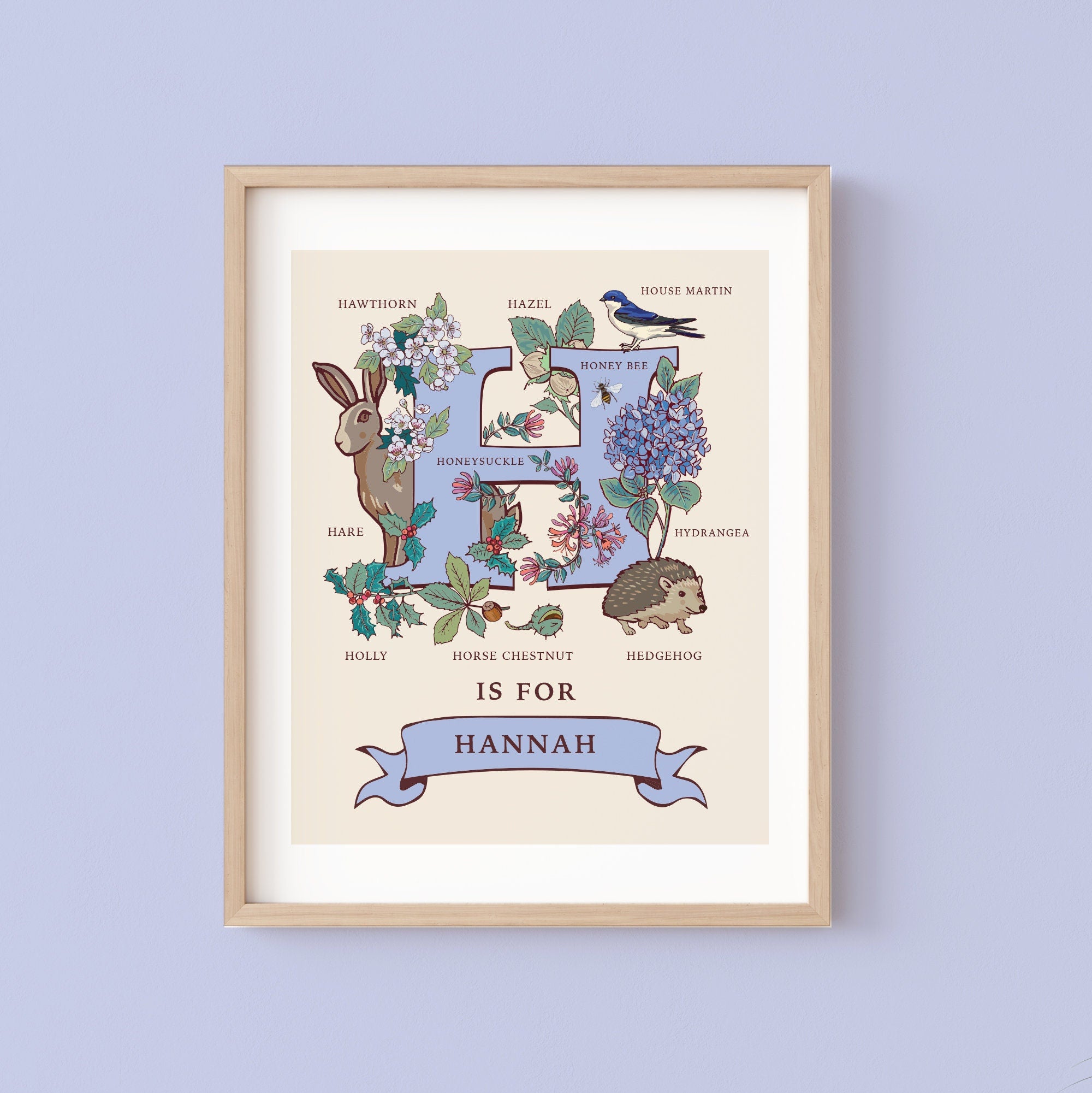 H - Personalised Letter H Print, Initial H Wall Art, Nature Guide Monogram Illustration