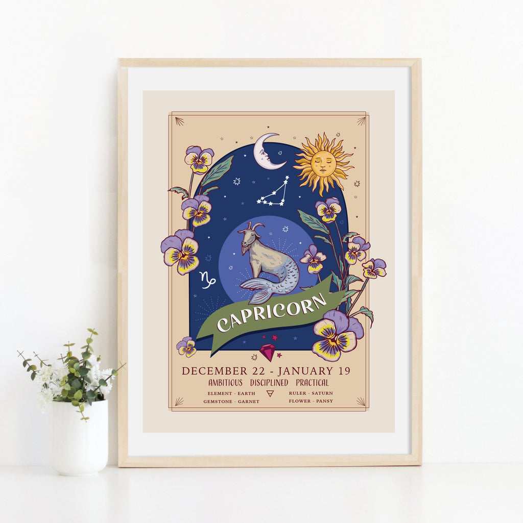 Capricorn Wall Art Print, Zodiac Sign and Flowers Illustration Print