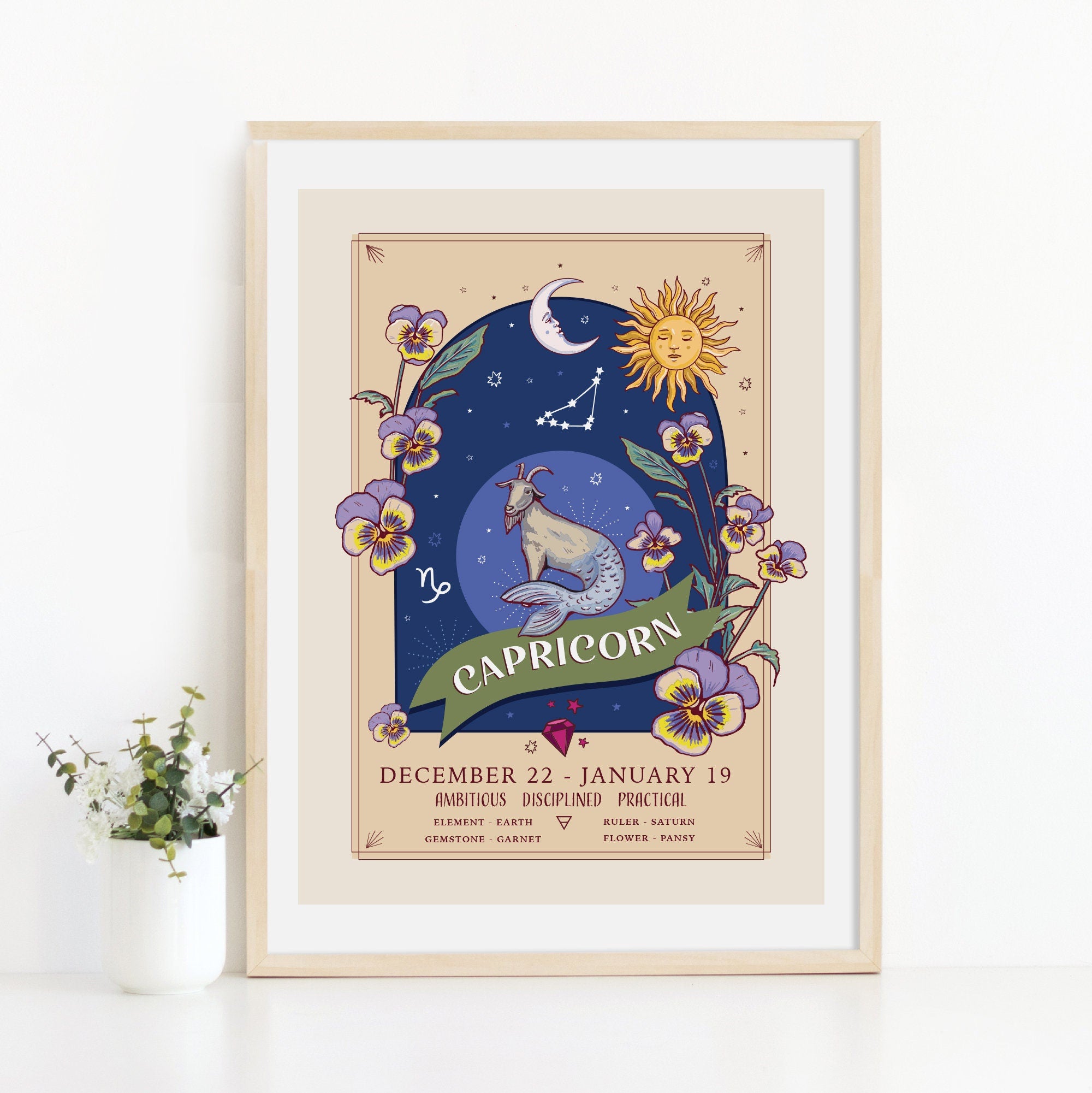 Capricorn Wall Art Print, Zodiac Sign and Flowers Illustration Print