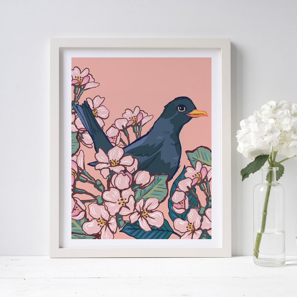 Blackbird in the Cherry Blossom Wall Art Print