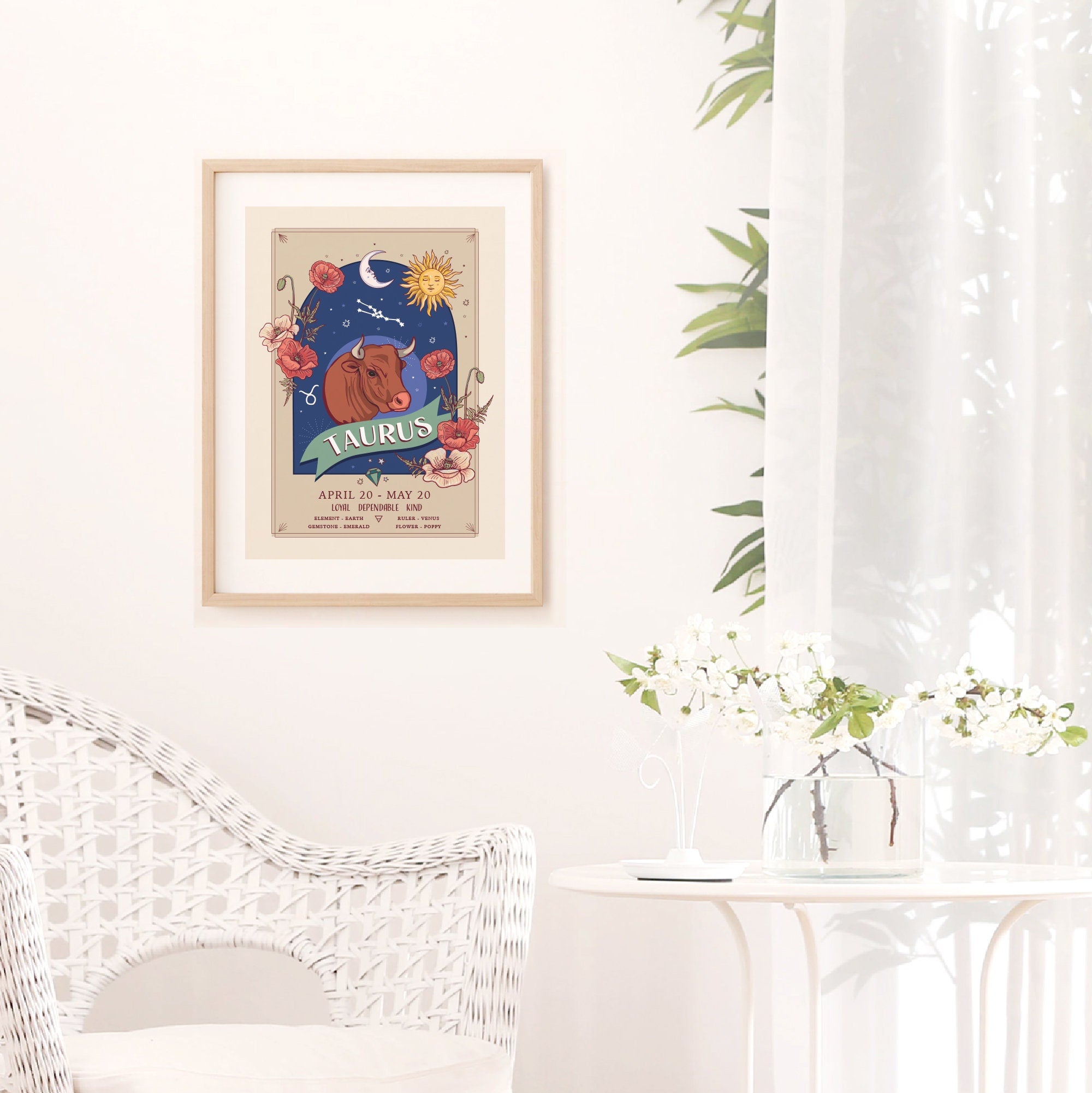 Taurus Wall Art Print, Zodiac Sign and Flowers Illustration Print