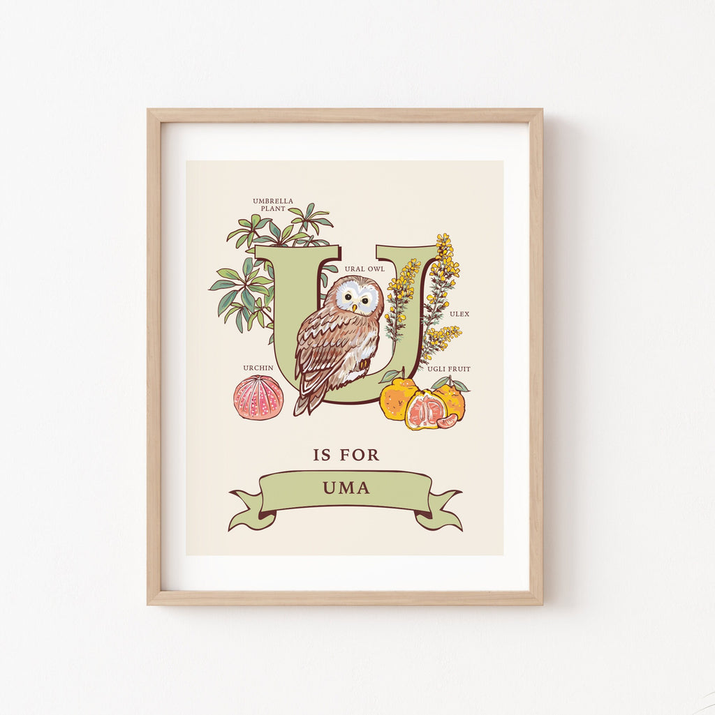U - Personalised Letter U Print, Initial U Wall Art, Nature Guide Monogram Illustration