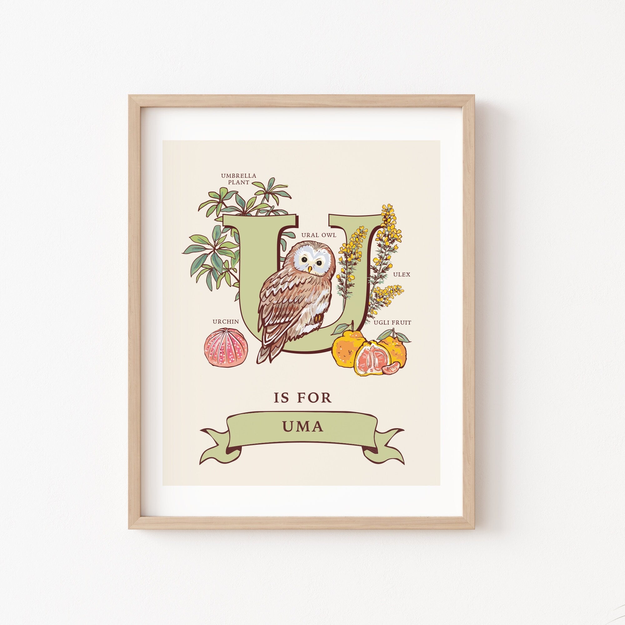 U - Personalised Letter U Print, Initial U Wall Art, Nature Guide Monogram Illustration