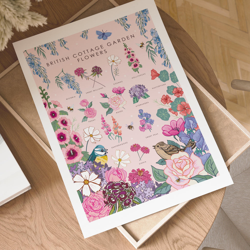 British Cottage Garden Flowers Nature Guide Wall Art Print