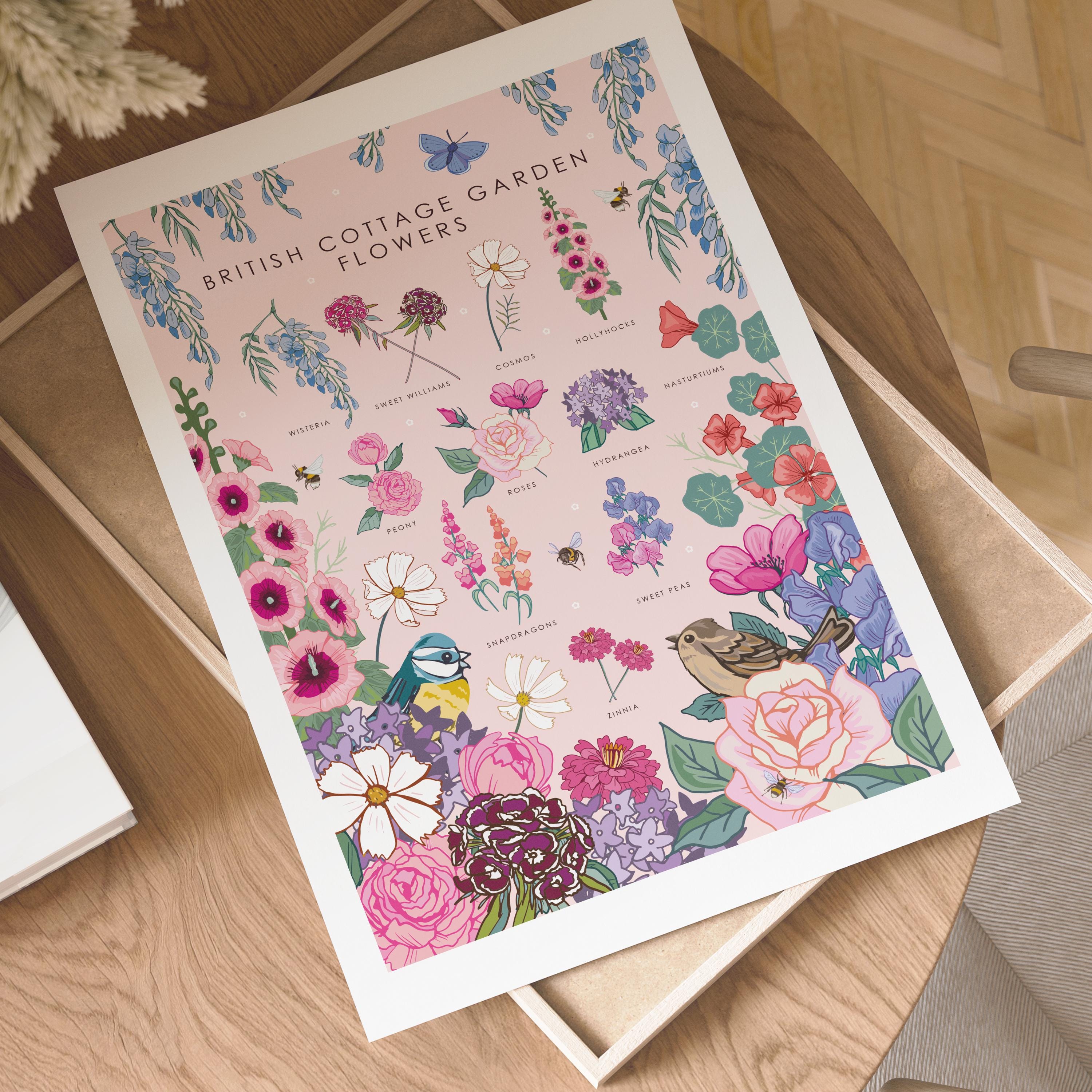 British Cottage Garden Flowers Nature Guide Wall Art Print