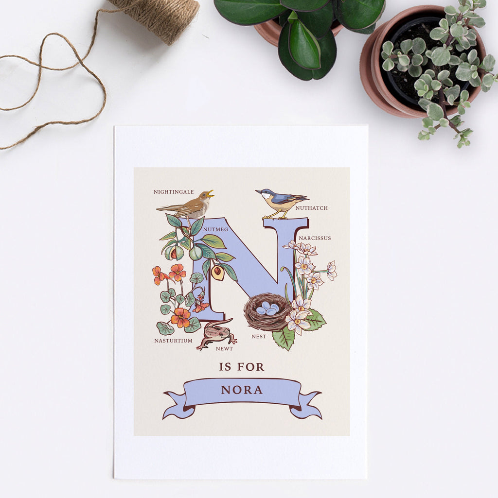 N - Personalised Letter N Print, Initial N Wall Art, Nature Guide Monogram Illustration