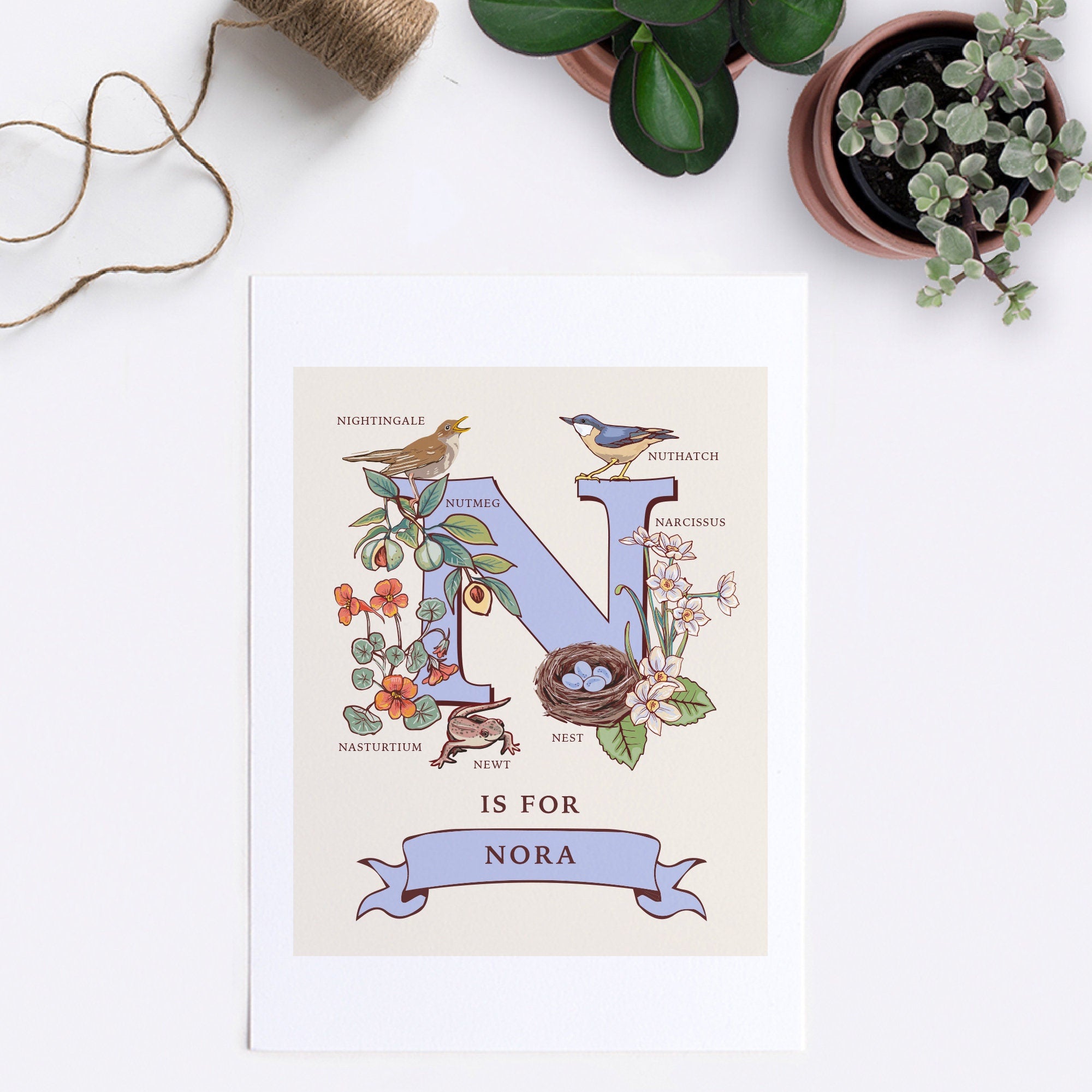 N - Personalised Letter N Print, Initial N Wall Art, Nature Guide Monogram Illustration