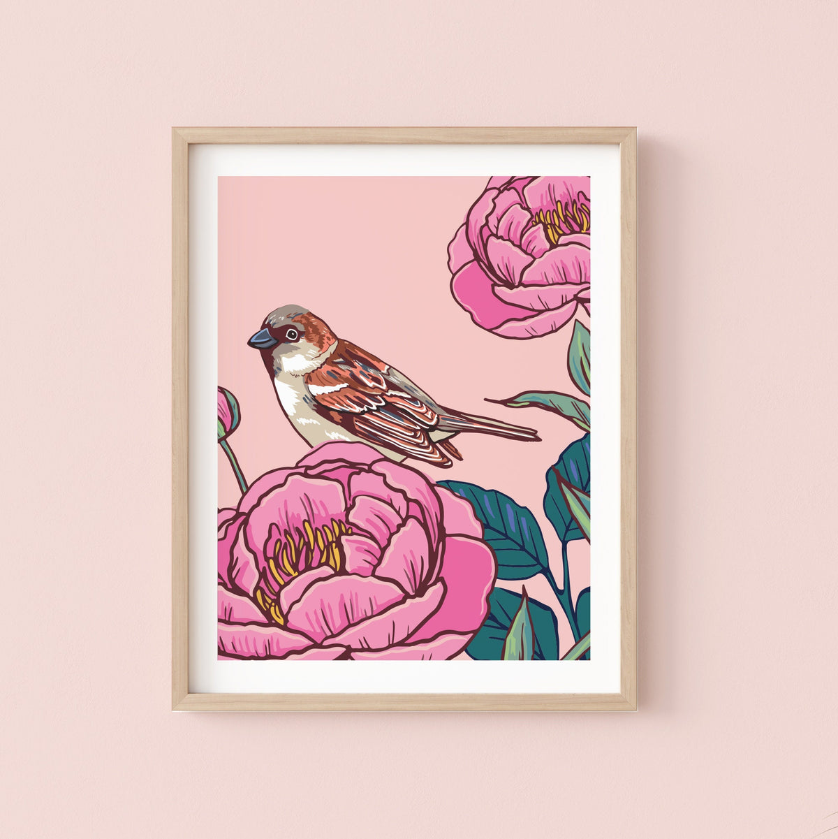 House Sparrow and Peonies Wall Art Print