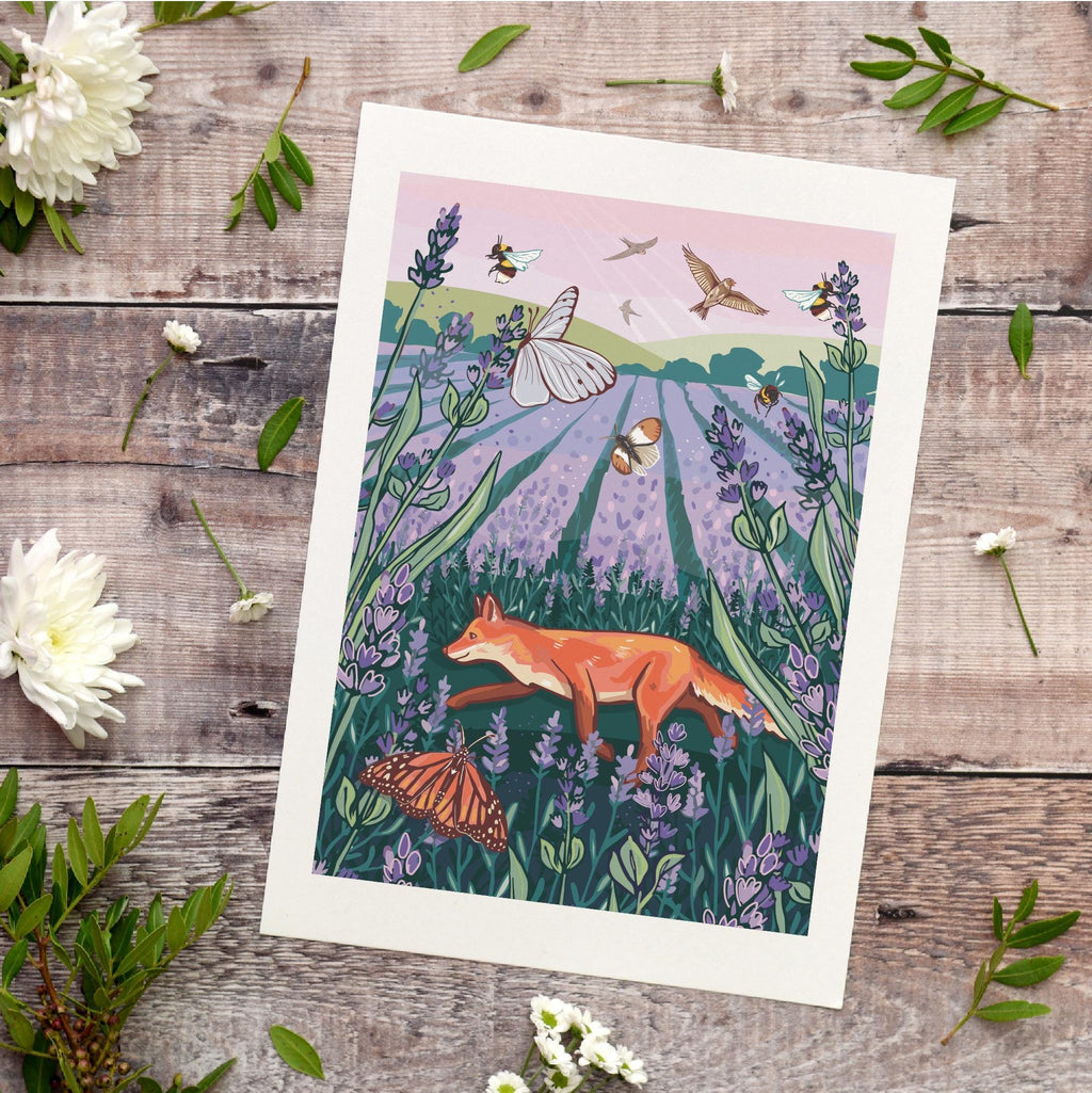 Fox in a Lavender Field Hand-Drawn Wall Art Print