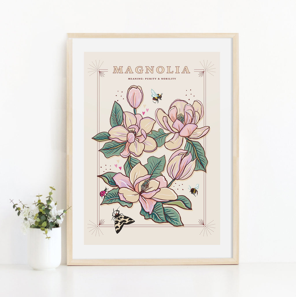 Magnolia Wall Art Print, Meaning of Flowers Illustration Print