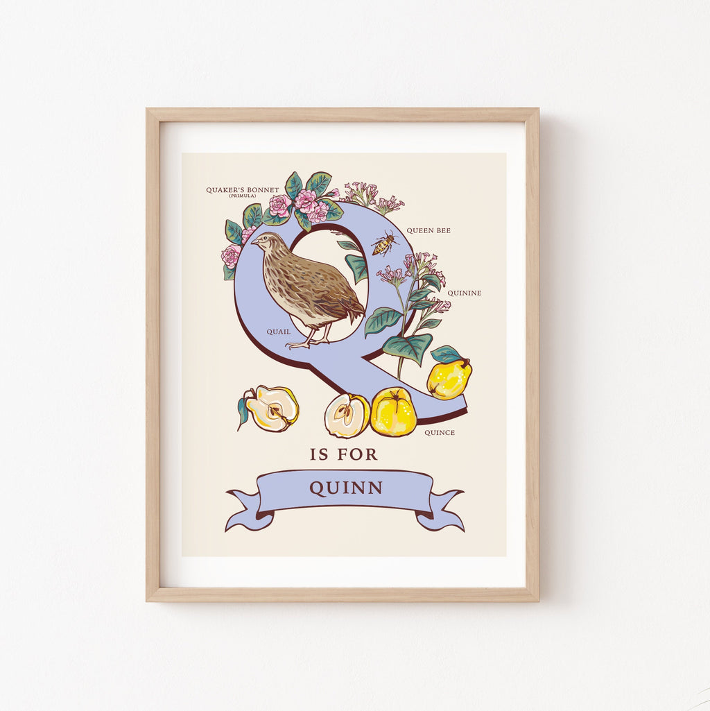 Q - Personalised Letter Q Print, Initial Q Wall Art, Nature Guide Monogram Illustration