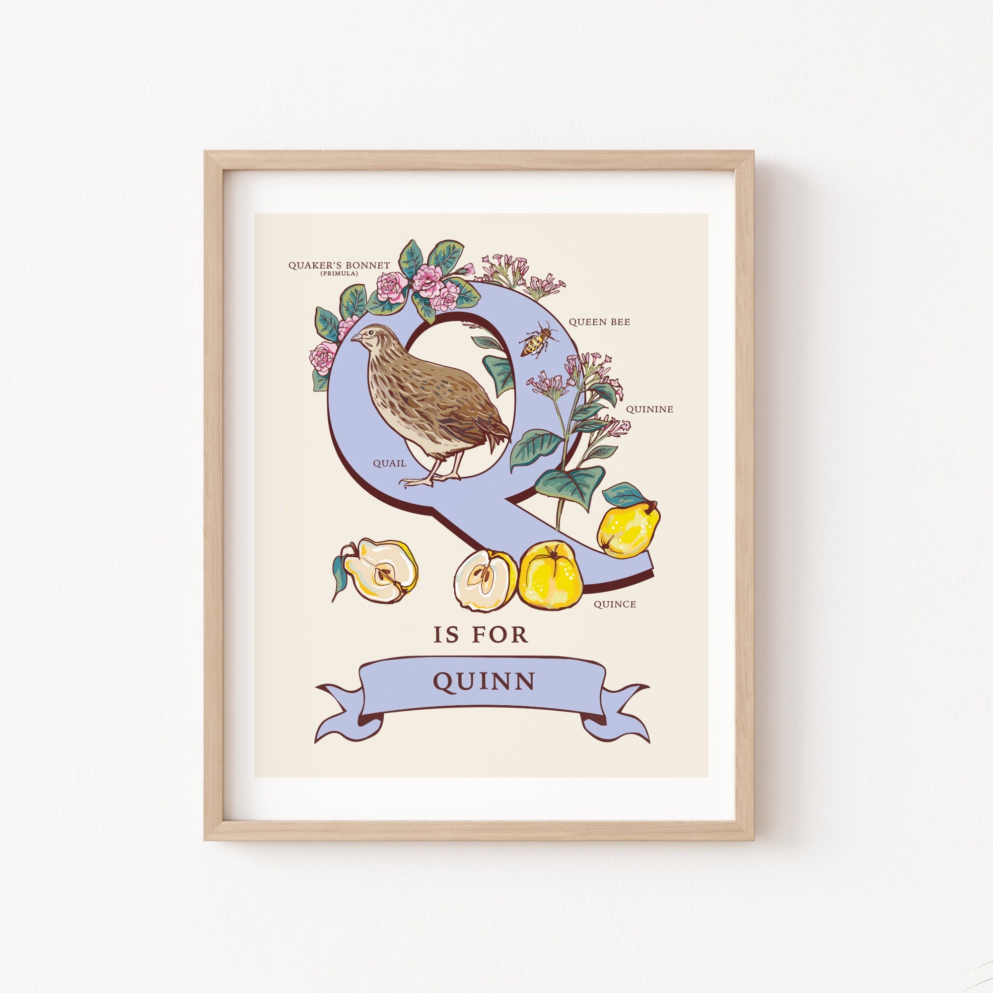 Q - Personalised Letter Q Print, Initial Q Wall Art, Nature Guide Monogram Illustration