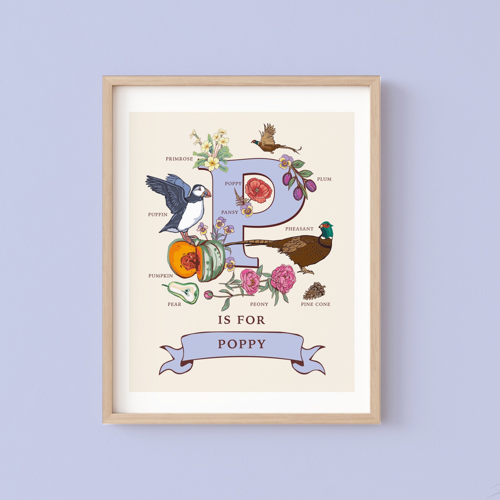 P - Personalised Letter P Print, Initial P Wall Art, Nature Guide Monogram Illustration