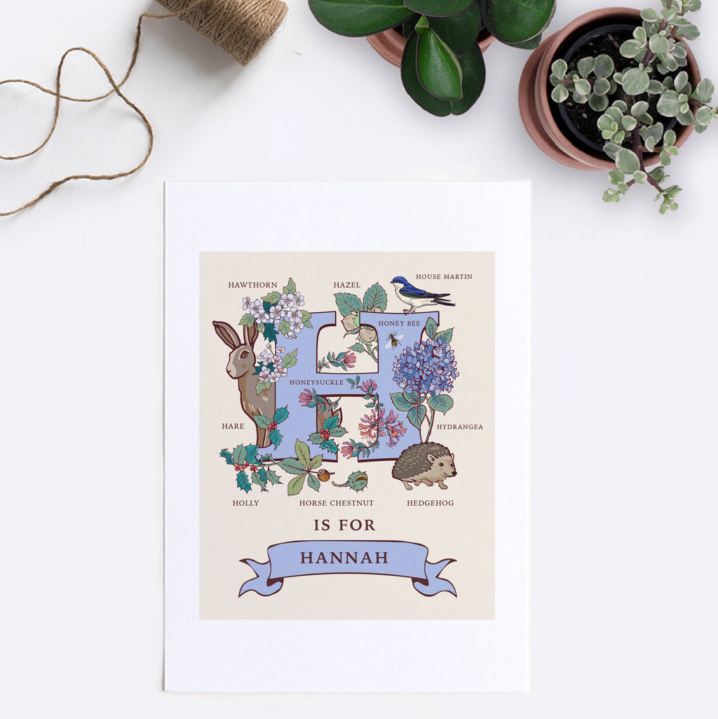 H - Personalised Letter H Print, Initial H Wall Art, Nature Guide Monogram Illustration