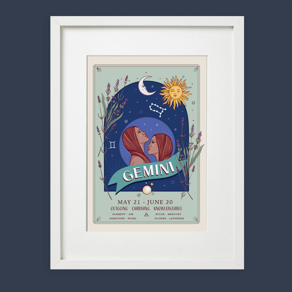 Gemini Wall Art Print, Zodiac Sign and Flowers Illustration Print