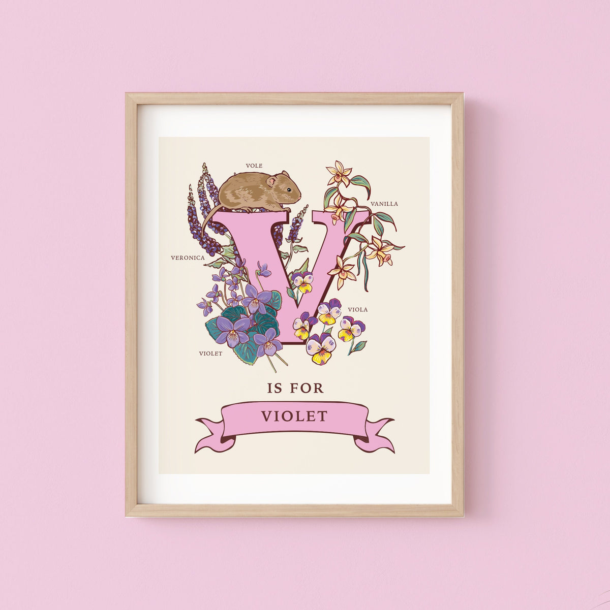 V - Personalised Letter V Print, Initial V Wall Art, Nature Guide Monogram Illustration