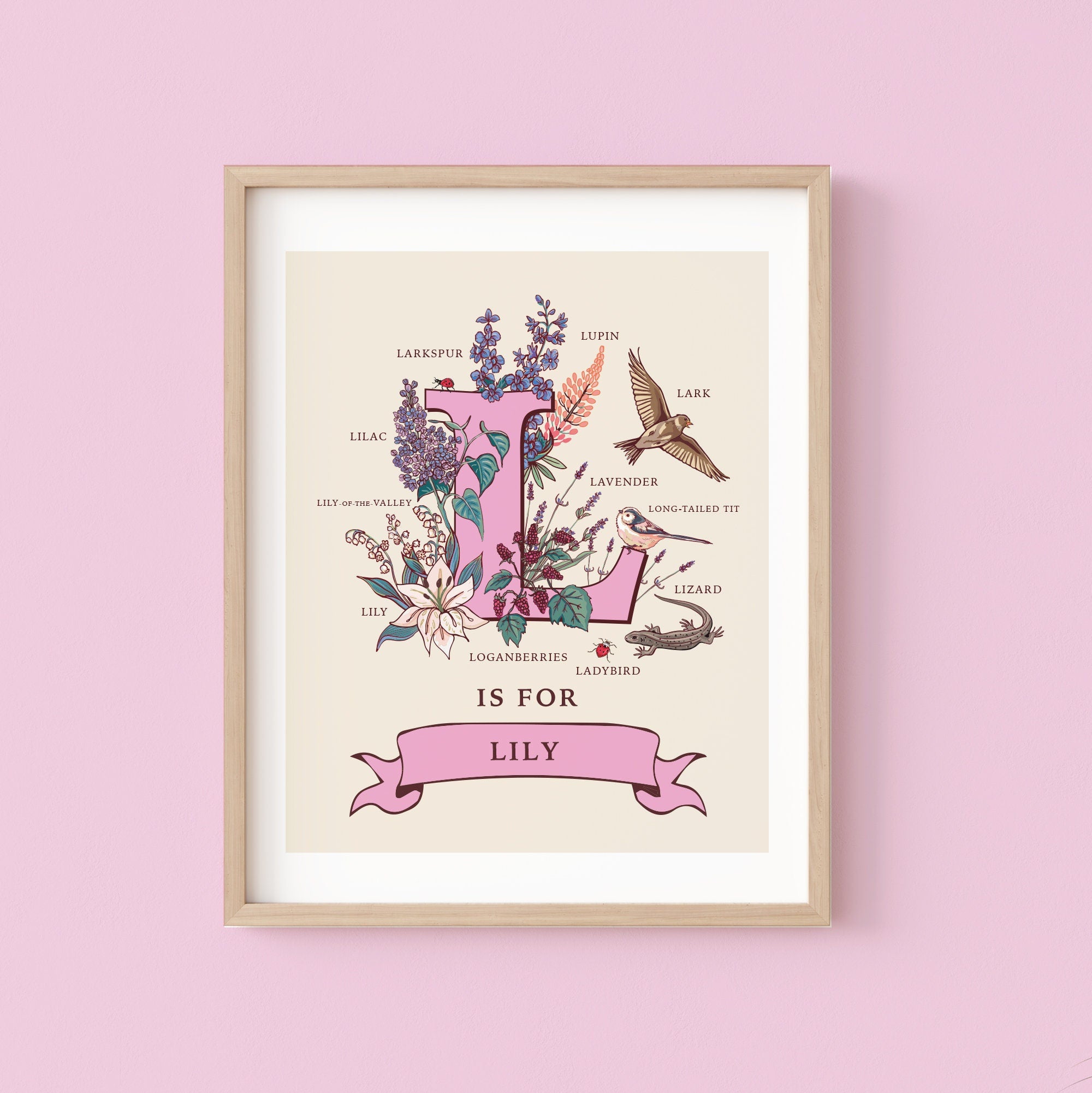 L- Personalised Letter L Print, Initial L Wall Art, Nature Guide Monogram Illustration