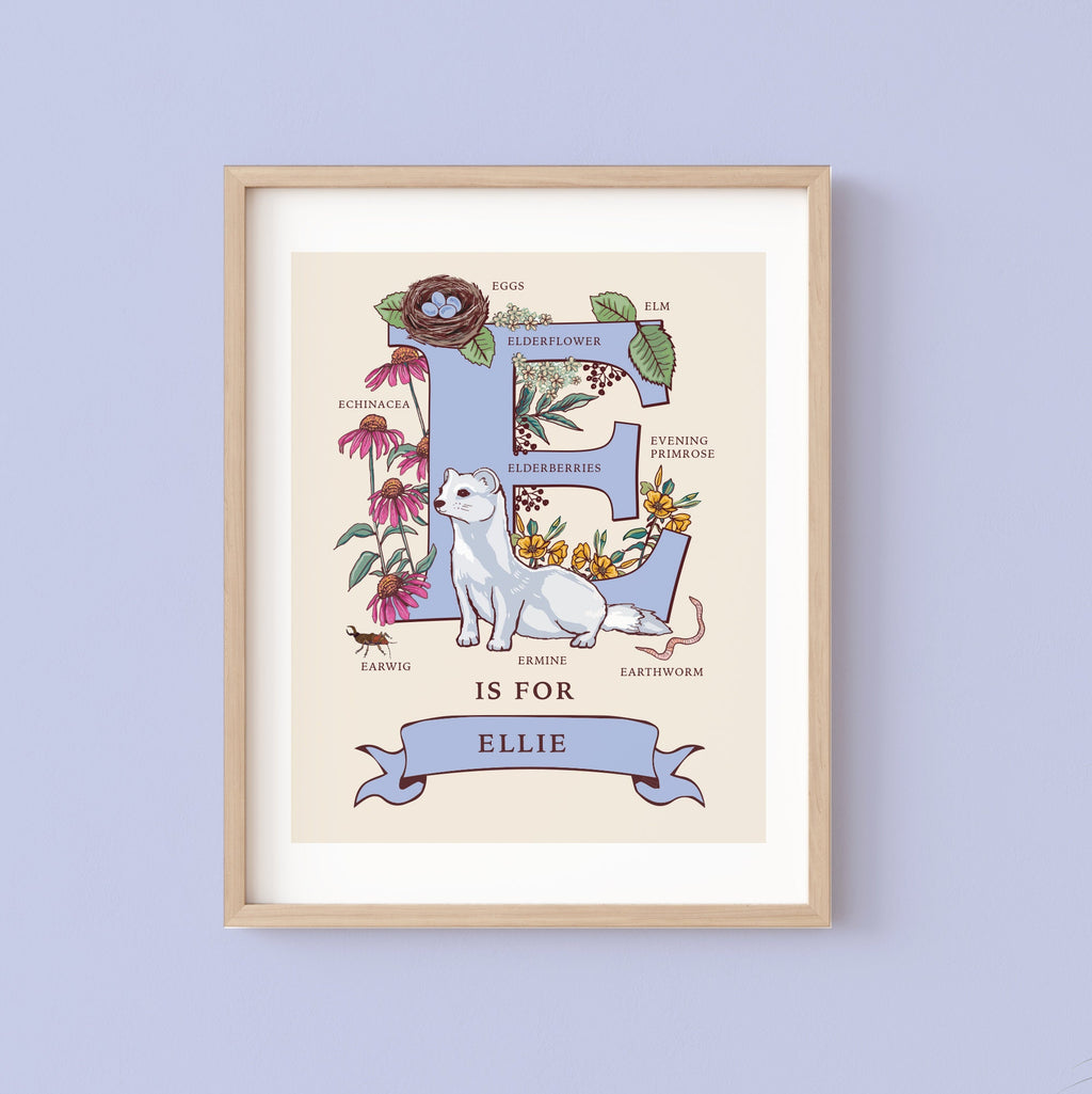 Personalised Monogram Initial Letter E, Nature Guide Wall Art Print