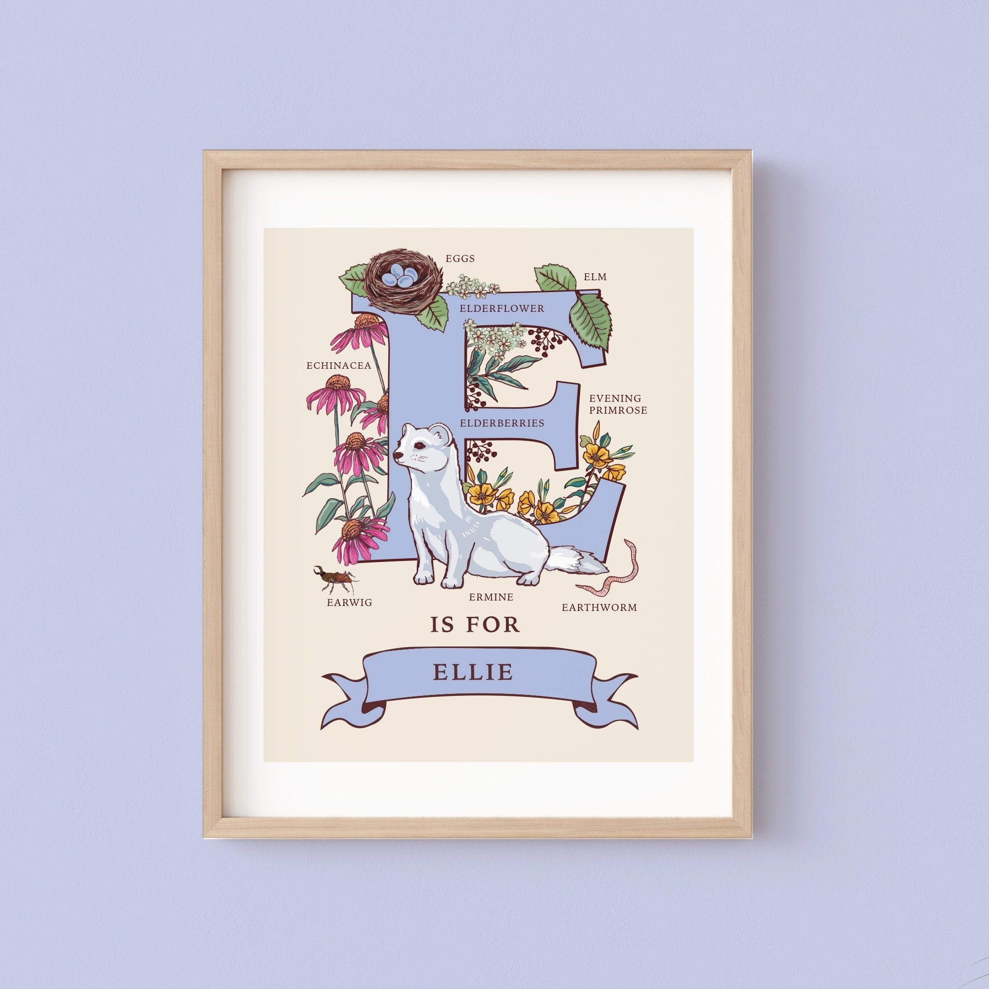 Personalised Monogram Initial Letter E, Nature Guide Wall Art Print