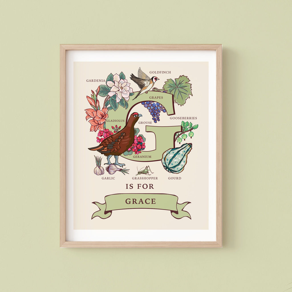 G - Personalised Letter G Print, Initial G Wall Art, Nature Guide Monogram Illustration