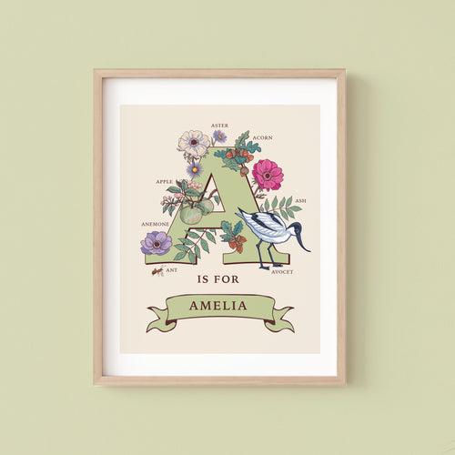 A - Personalised Monogram Initial Letter A, Nature Guide Wall Art Print