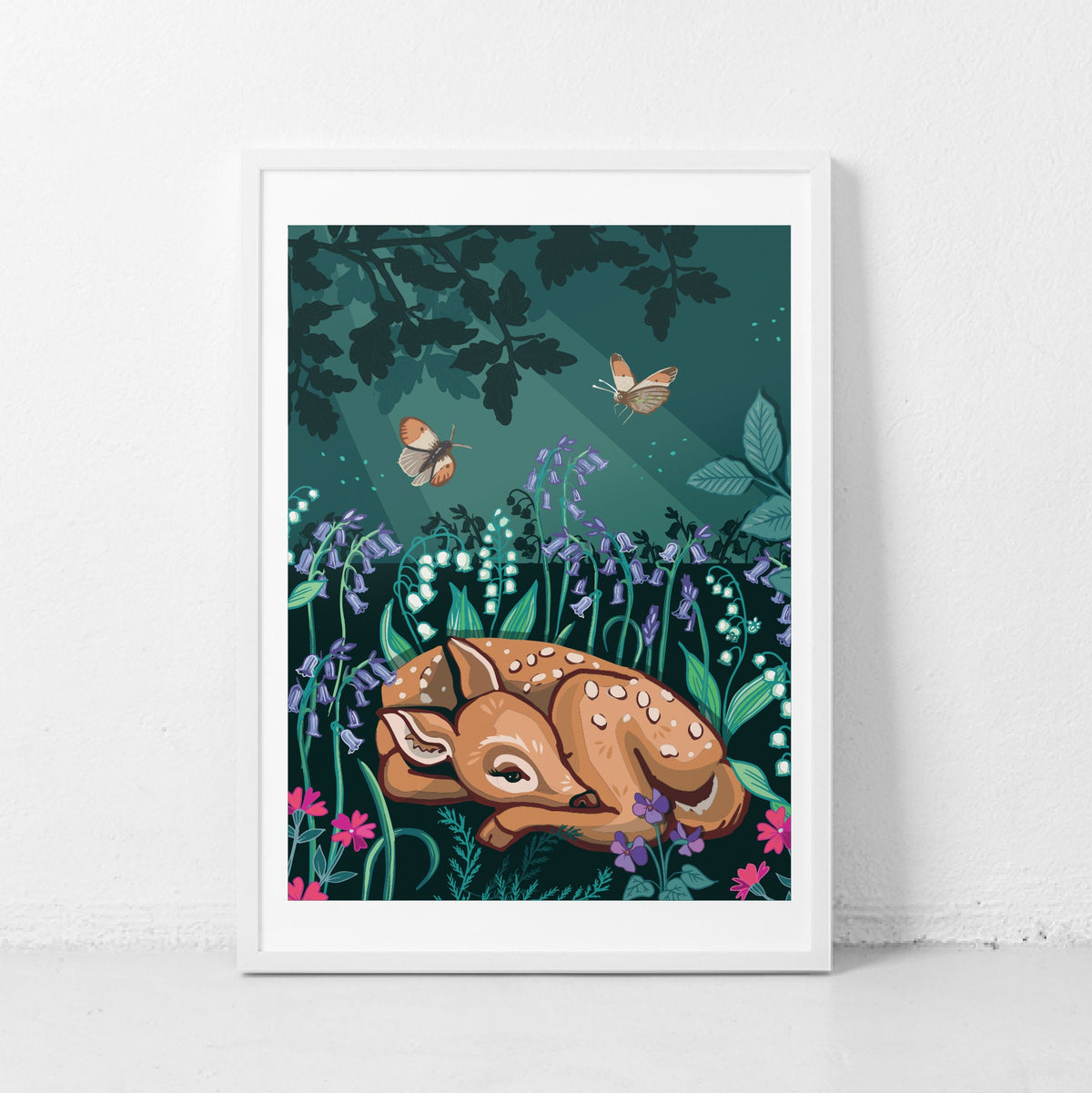 Sleepy Fawn Wall Art Print, Bluebell Woodland Animal Illustration Print