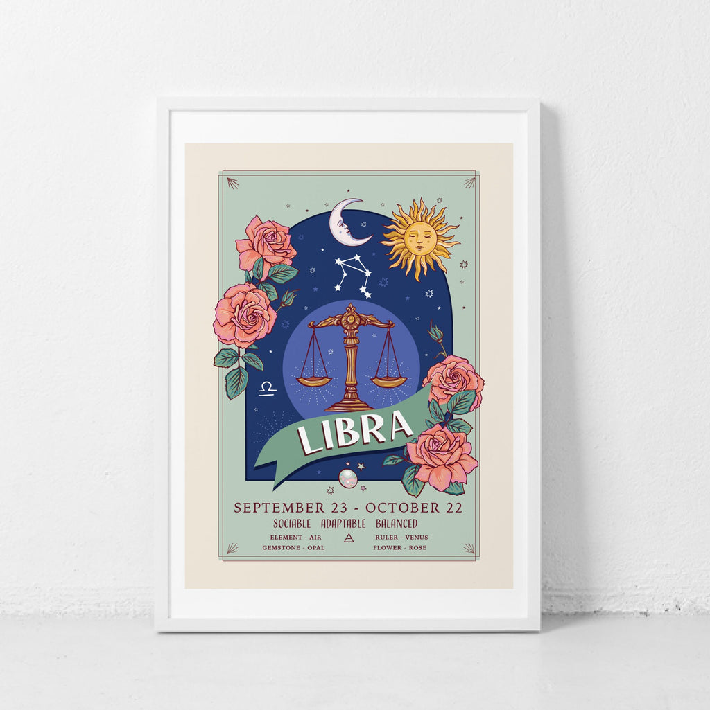Libra Wall Art Print, Zodiac Sign and Flowers Illustration Print