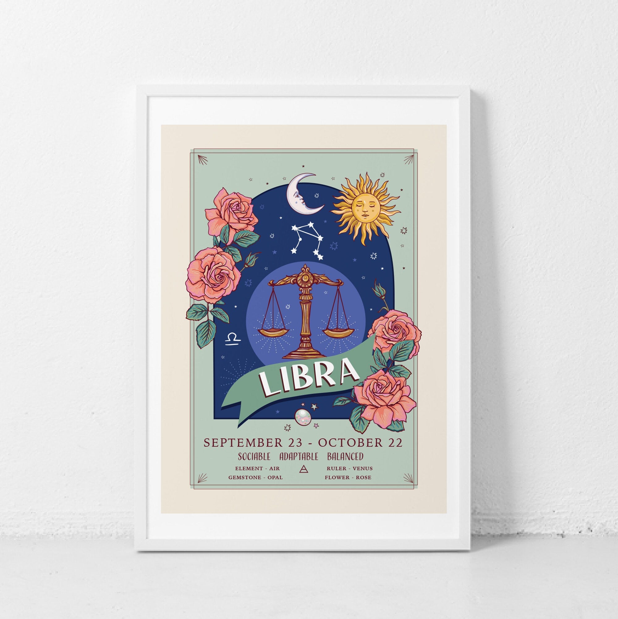 Libra Wall Art Print, Zodiac Sign and Flowers Illustration Print